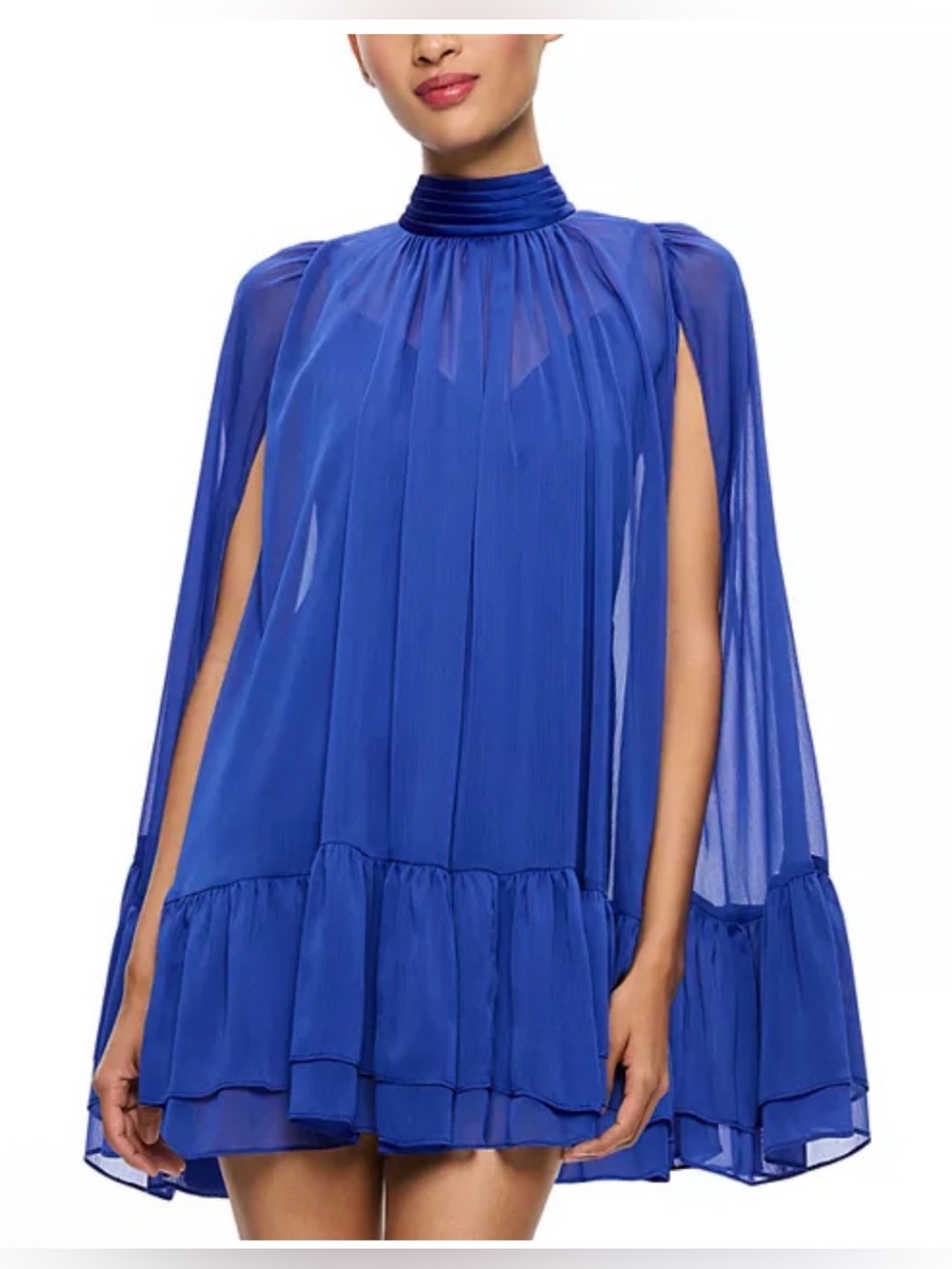 Alice + Olivia Zenon Tie Neck Blue High-Neck Cape Sleeve Mini Dress